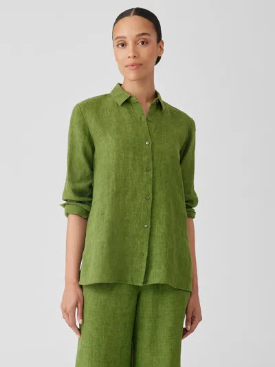 Eileen Fisher Washed Organic Linen Delave Classic Collar Shirt In Green