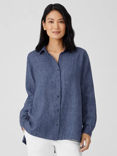 Eileen Fisher Washed Organic Linen Delave Classic Collar Shirt In Blue