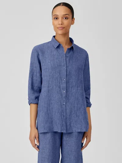 Eileen Fisher Washed Organic Linen Delave Classic Collar Shirt In Blue