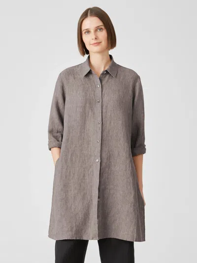 Eileen Fisher Washed Organic Linen Delave Long Shirt In Brown