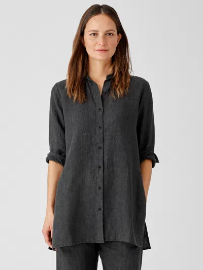 Eileen Fisher Washed Organic Linen Delave Mandarin Collar Shirt In Black