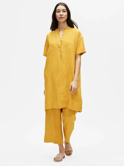 Eileen Fisher Washed Organic Linen Delave Mandarin Collar Shirtdress In Yellow