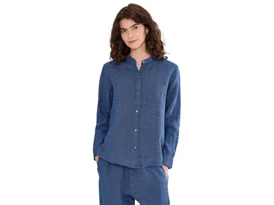 Eileen Fisher Washed Organic Linen Delave Mandarin Collar Top In Blue