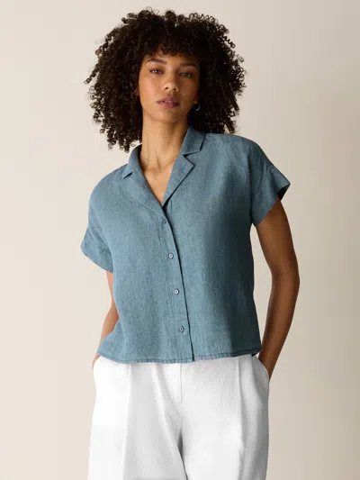 Eileen Fisher Washed Organic Linen Delave Notch Collar Shirt In Blue