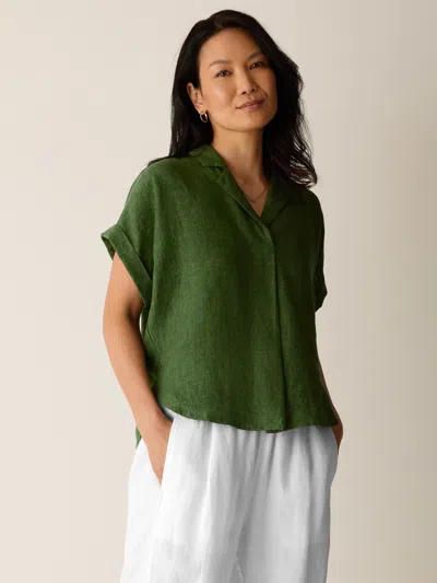 Eileen Fisher Washed Organic Linen Delave Notch Collar Top In Green