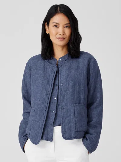 Eileen Fisher Washed Organic Linen Delave Padded Jacket In Blue