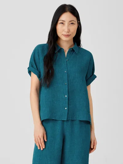 Eileen Fisher Washed Organic Linen Delave Short-sleeve Shirt In Blue