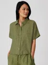 Eileen Fisher Washed Organic Linen Delave Short-sleeve Shirt In Green