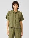 Eileen Fisher Washed Organic Linen Delave Short-sleeve Shirt In Green