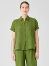 Eileen Fisher Washed Organic Linen Delave Short-sleeve Shirt In Green
