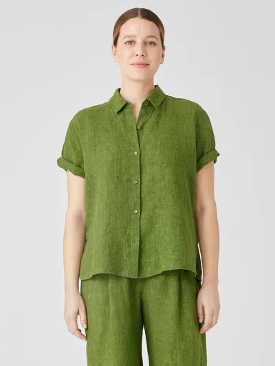 Eileen Fisher Washed Organic Linen Delave Short-sleeve Shirt In Green