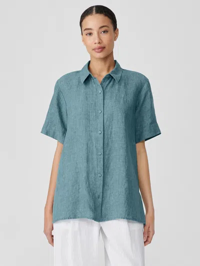 Eileen Fisher Washed Organic Linen Delave Short-sleeve Shirt In Green
