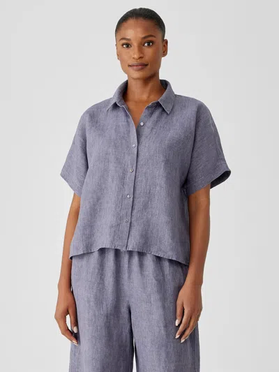 Eileen Fisher Washed Organic Linen Delave Short-sleeve Shirt In Purple