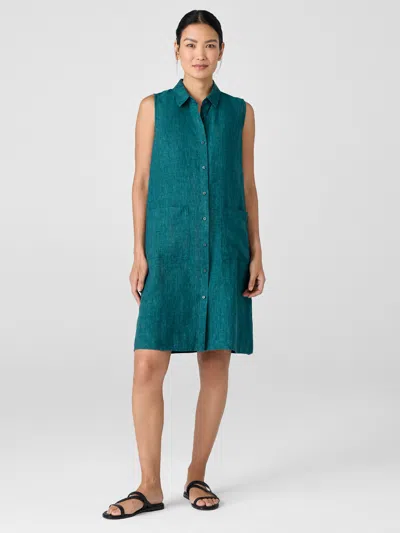 Eileen Fisher Washed Organic Linen Delave Sleeveless Shirtdress In Animal Print