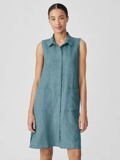 Eileen Fisher Washed Organic Linen Delave Sleeveless Shirtdress In Blue