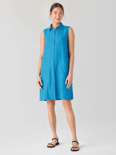 Eileen Fisher Washed Organic Linen Delave Sleeveless Shirtdress In Blue