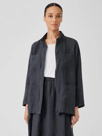 Eileen Fisher Washed Organic Linen Delave Stand Collar Jacket In Gray