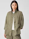 Eileen Fisher Washed Organic Linen Delave Stand Collar Jacket In Green
