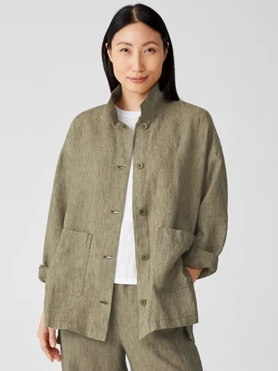Eileen Fisher Washed Organic Linen Delave Stand Collar Jacket In Green