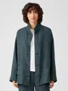 Eileen Fisher Washed Organic Linen Delave Stand Collar Jacket In Green