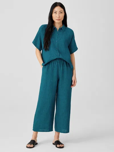 Eileen Fisher Washed Organic Linen Delave Wide-leg Pant In Blue