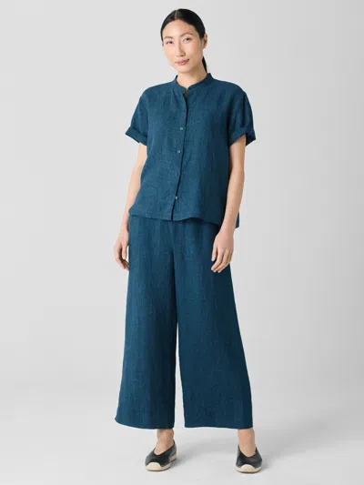 Eileen Fisher Washed Organic Linen Delave Wide-leg Pant In Blue
