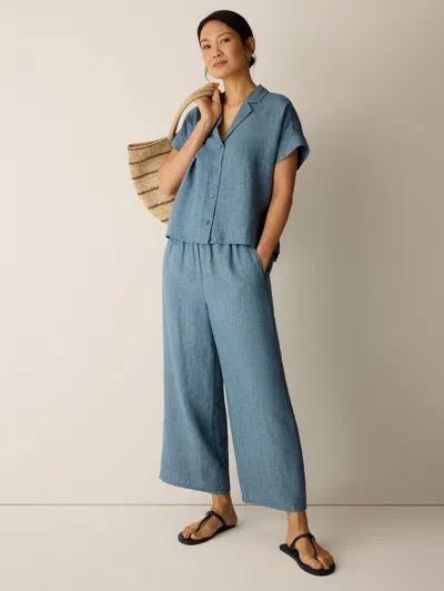 Eileen Fisher Washed Organic Linen Delave Wide-leg Pant In Blue