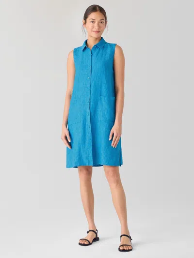 Eileen Fisher Washed Organic Linen Delave Sleeveless Shirtdress In Blue