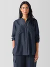 Eileen Fisher Washed Silk Band Collar Shirt In Blue