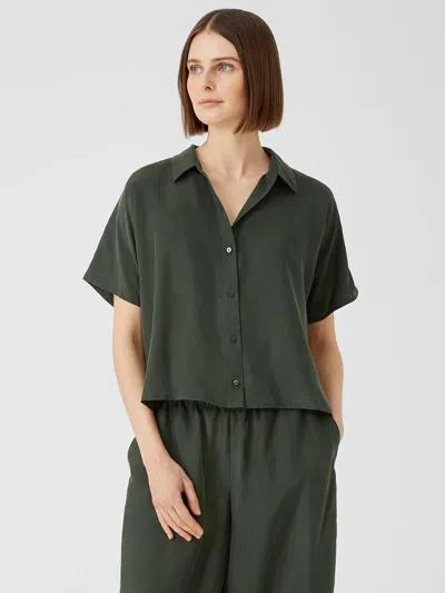 Eileen Fisher Washed Silk Habutai Short-sleeve Shirt In Green