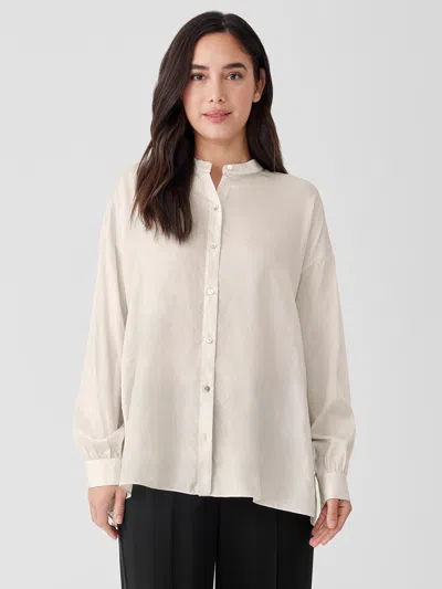 Eileen Fisher Washed Silk Tussah Mandarin Collar Shirt In Neutral