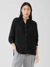 Eileen Fisher Washed Wool Gauze Mandarin Collar Shirt In Black