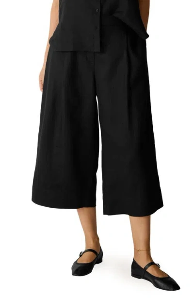 Eileen Fisher Wide Leg Linen Crop Pants In Black