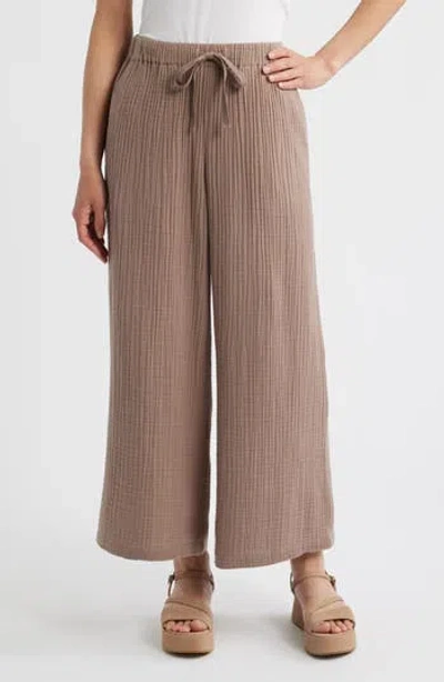 Eileen Fisher Wide Leg Organic Cotton Ankle Pants In Brown