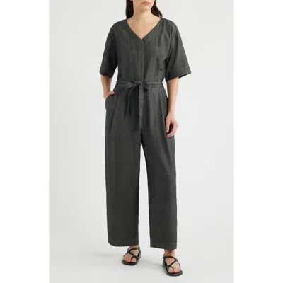 Eileen Fisher Wide Leg Organic Cotton Twill Jumpsuit In Black