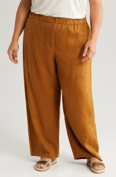 Eileen Fisher Wide Leg Organic Linen Ankle Pants In Bronze