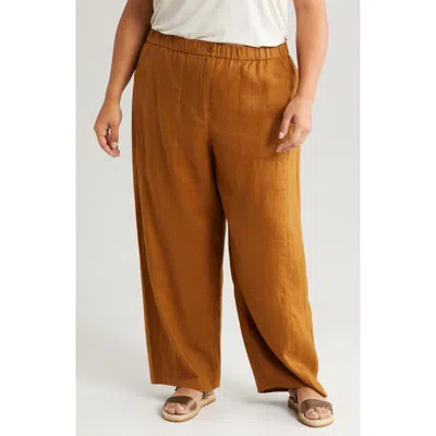 Eileen Fisher Wide Leg Organic Linen Ankle Pants In Brown
