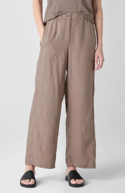 Eileen Fisher Wide Leg Organic Linen Ankle Trousers In Cocoa