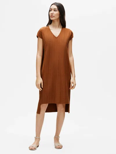Eileen Fisher Wide Rib Stretch V-neck Dress In Brown