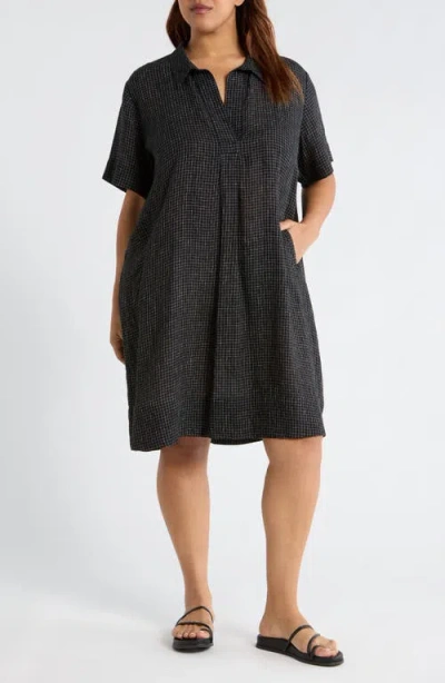 Eileen Fisher Windowpane Plaid Elbow Sleeve Organic Linen Shift Dress In Black