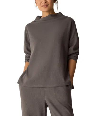 Eileen Fisher Waffle Cotton Blend Doubleknit Funnel Neck Box-top In Gray