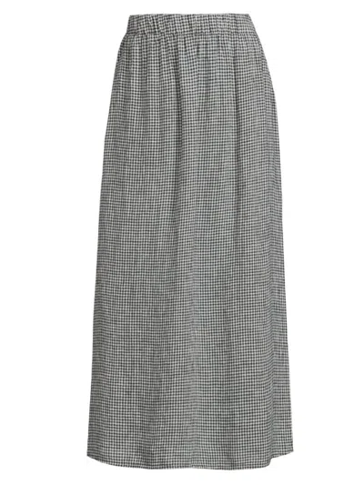 Eileen Fisher Crinkled Gingham Organic Linen Midi Skirt In Blackwhite