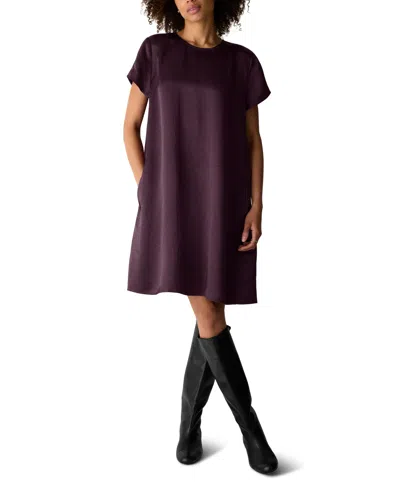 Eileen Fisher Textured Satin Short Sleeve Mini Dress In Burgundy