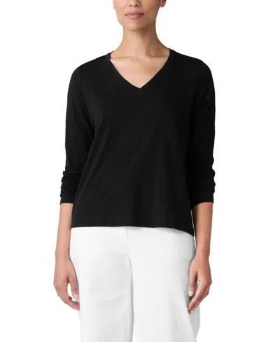 Eileen Fisher Organic Cotton Slubby Jersey V-neck Top In Black