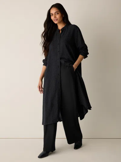 Eileen Fisher Wool Cotton Check Band Collar Shirtdress In Black/ash