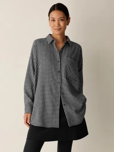Eileen Fisher Wool Cotton Check Classic Collar Long Shirt In Black
