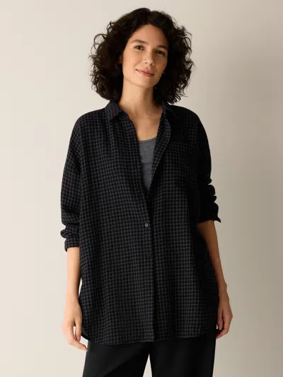 Eileen Fisher Wool Cotton Check Classic Collar Long Shirt In Black/ash