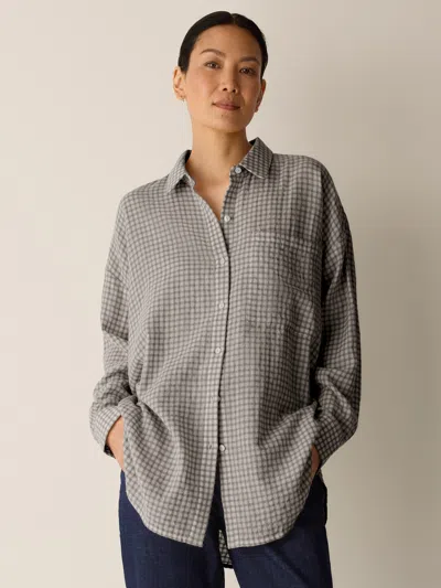 Eileen Fisher Wool Cotton Check Classic Collar Long Shirt In Plaster