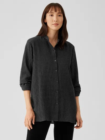 Eileen Fisher Wool Cotton Check Mandarin Collar Long Shirt In Animal Print