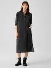 Eileen Fisher Wool Cotton Check Mandarin Collar Shirtdress In Black